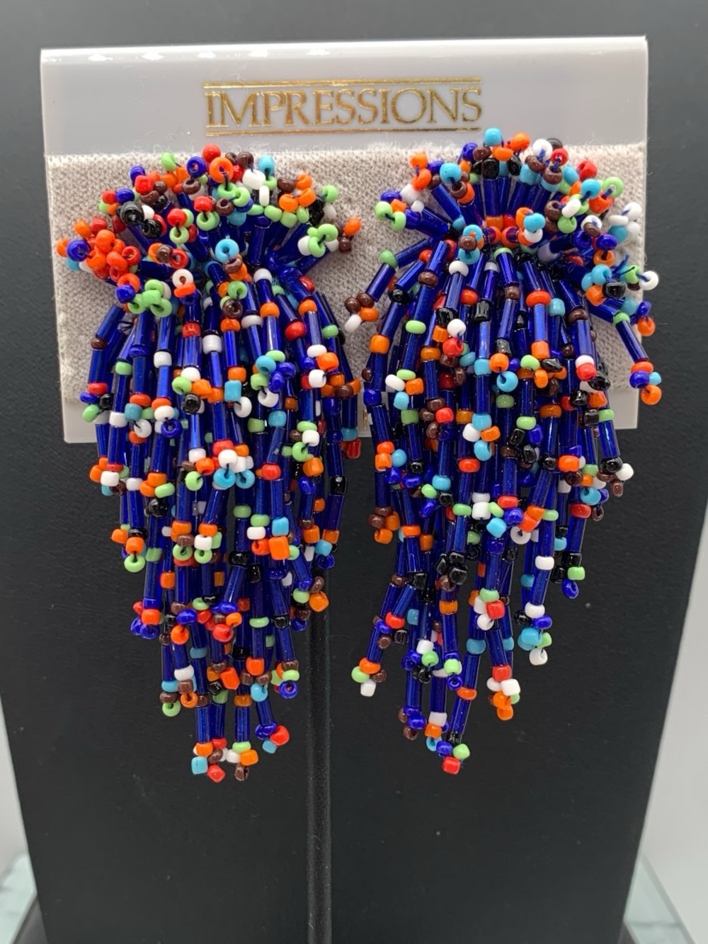 Vintage NOS Impressions cha cha Tassel beaded clip on Earrings - Multicolor
